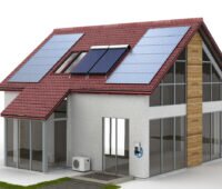 Grafik zeigt Haus mit Photovoltaik-Anlage, Wärmepumpe, Wallbox und Solarthermie-Kollektor.