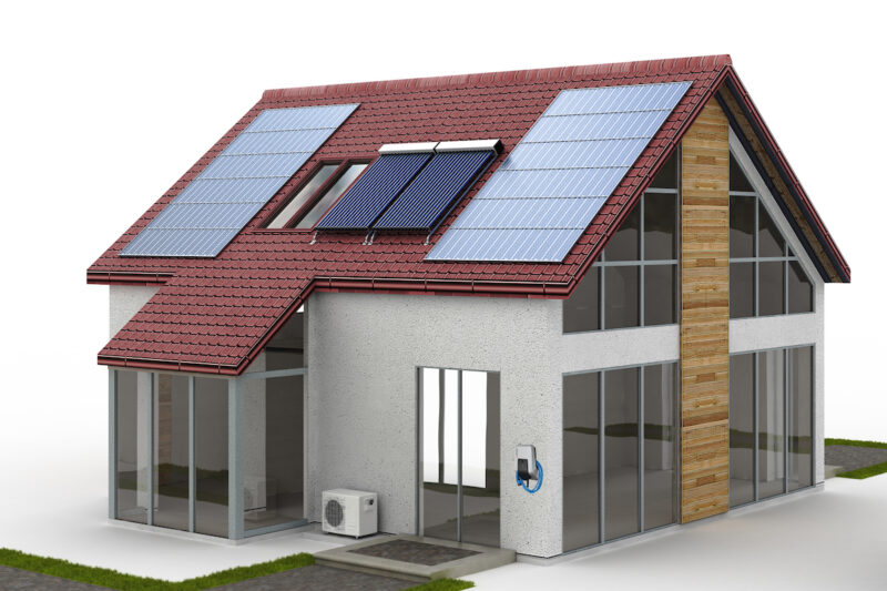 Grafik zeigt Haus mit Photovoltaik-Anlage, Wärmepumpe, Wallbox und Solarthermie-Kollektor.