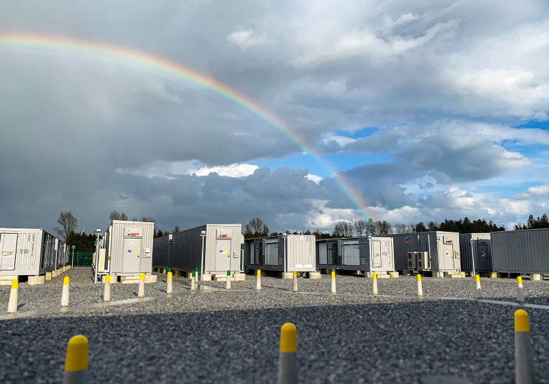 Eine Reihe von Containern mit Batteriespeichern vor wolkigem Himmel mit Regenbogen.