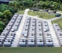 Projektion eines Batteriegroßspeicherprojektes aus der Luft.