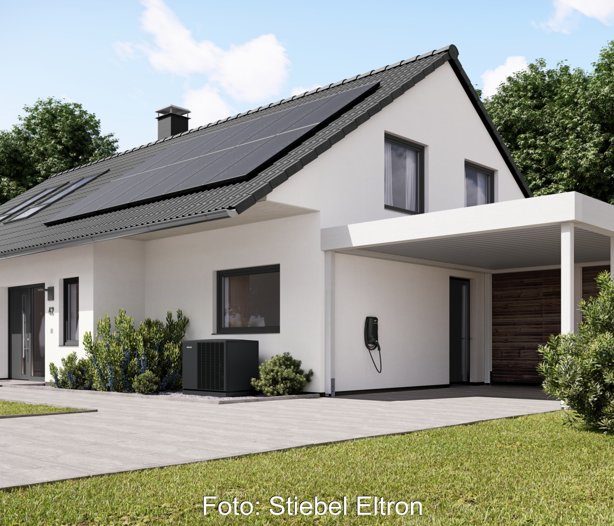 Ein Haus mit PV-Anlage und Wärmepumpe.