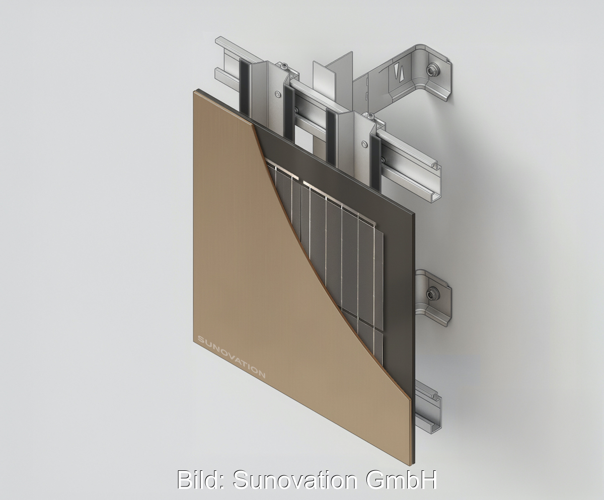 Auf dem Bild ist ein quadratisches, rahmloses BIPV-Fassadenelement in beige zu sehen mit halben Querschnitt der Befestigung.