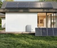 Ein Speicher an der Häuserwand unter und hinter PV-Modulen