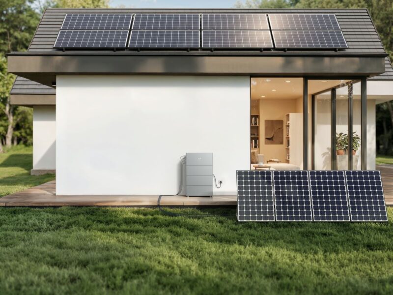 Ein Speicher an der Häuserwand unter und hinter PV-Modulen