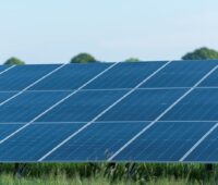 PV-Module auf grüner Wiese.