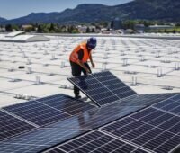 Zu sehen ist ein Arbeiter auf einem Flachdach bei der Montage von PV-Modulen mit dem Photovoltaik-Montagesystem MSP von Schweizer.