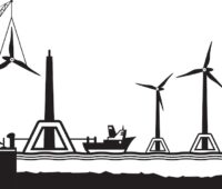 Schwimmende Offshore Windenergie Turbinen in einer Schwarz weiß Grafik