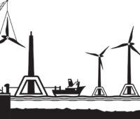 Schwarz-Weiß-Grafik zeigt stilisierte schwimmende Offshore-Windenergie-Anlagen