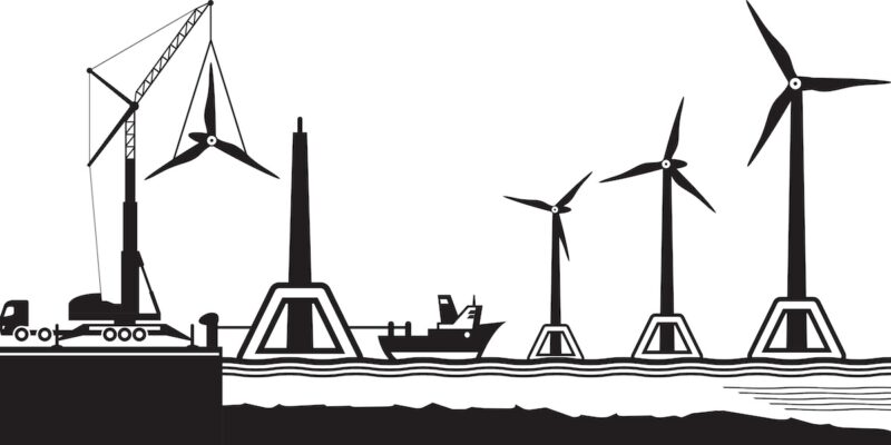 Schwarz-Weiß-Grafik zeigt stilisierte schwimmende Offshore-Windenergie-Anlagen