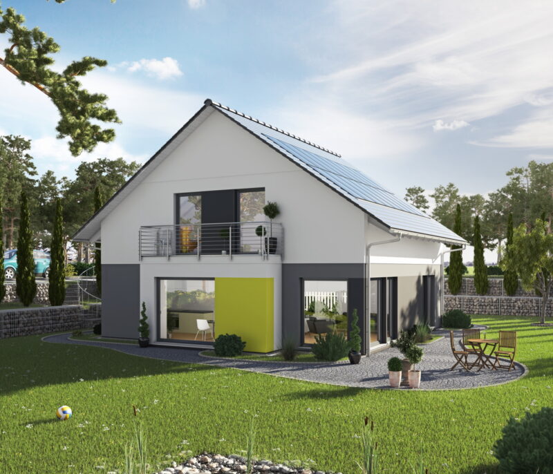 Einfamilienhaus mit Garten und im Dach integrierter PV-Anlage.