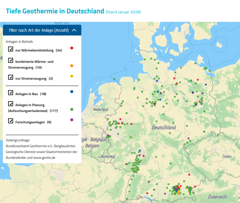 Die digitale Landkarte „Tiefe Geothermieprojekte in Deutschland“.
