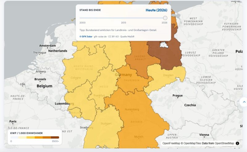 Eine Deutschland-Karte mit der installierten Solarleistung und den Photovoltaik-Anlagen in den Landkreisen, Brandenburg hat die höchste Solarleistung pro Kopf.