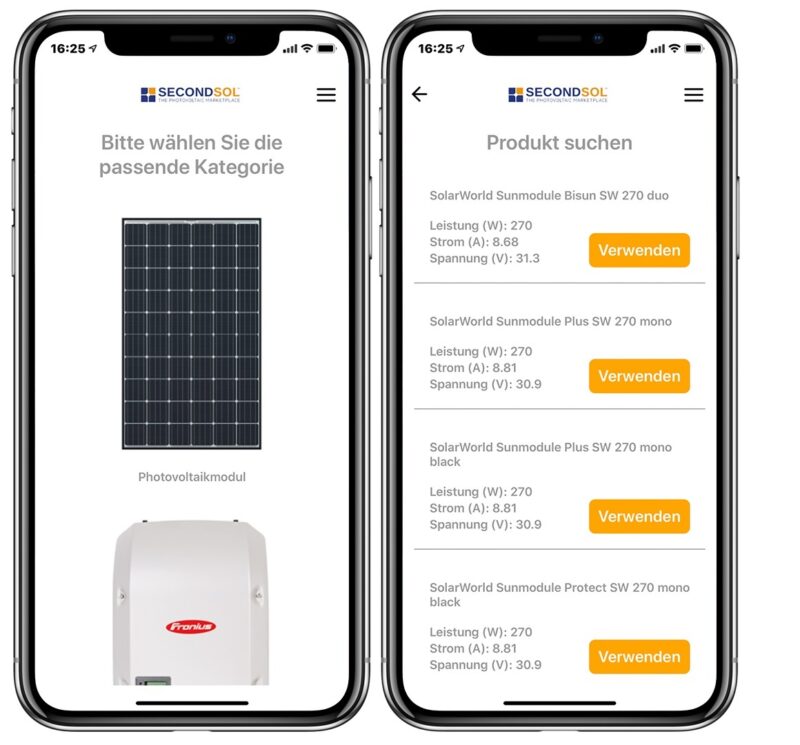 Zu sehen ist die Photovoltaik-Ersatzteil-App von SecondSol