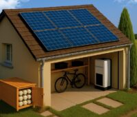 Im Bild ein Häuschen mit PV auf dem und einem Druckluftspeicher nebenan.