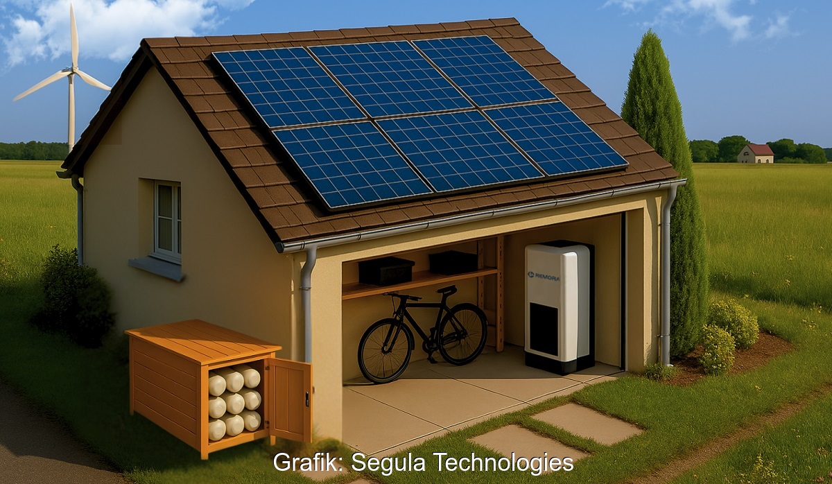 Im Bild ein Häuschen mit PV auf dem und einem Druckluftspeicher nebenan.