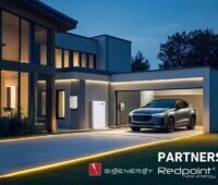 Das Bild zeigt ein beleuchtetes Einfamilienhaus mit Speicher, Wallbox und E-Auto zur blauen Stunde.