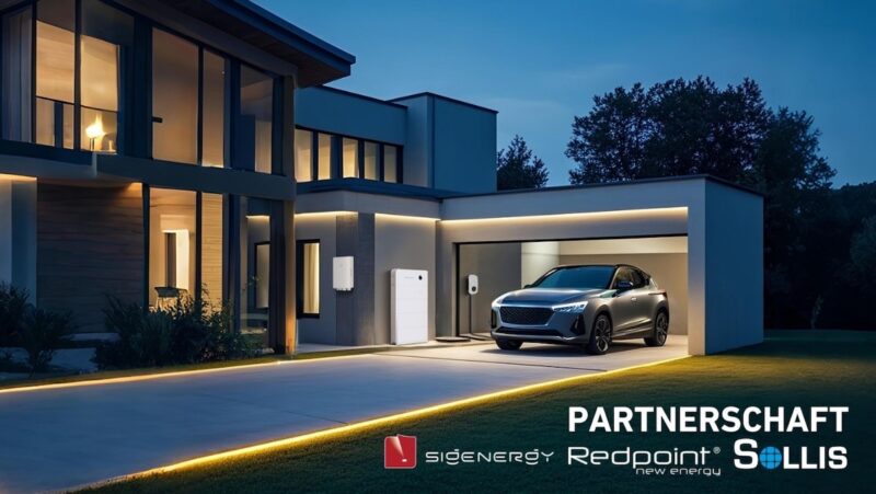 Das Bild zeigt ein beleuchtetes Einfamilienhaus mit Speicher, Wallbox und E-Auto zur blauen Stunde.