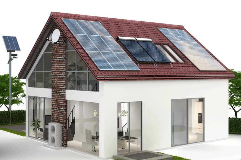 Zu sehen ist eine grafische Darstellung eines Hauses mit Photovoltaik, Solarthermie und Wärmepumpe, das mit der Simulationssoftware Polysun optimiert werden kann.