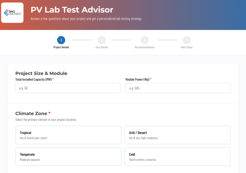 Eingabemaske zur Konfiguration eines PV-Projektes in der Prüfungssoftware PV Lab Test Advisor.