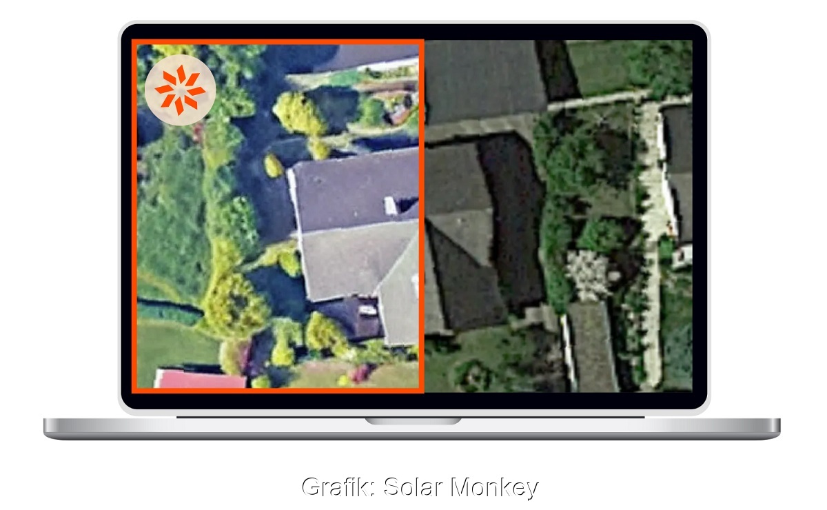 Ein Bildschirm zeigt das Ergebnis des AI Aerial Optimiser der Photovoltaik-Planungssoftware Solar Monkey.