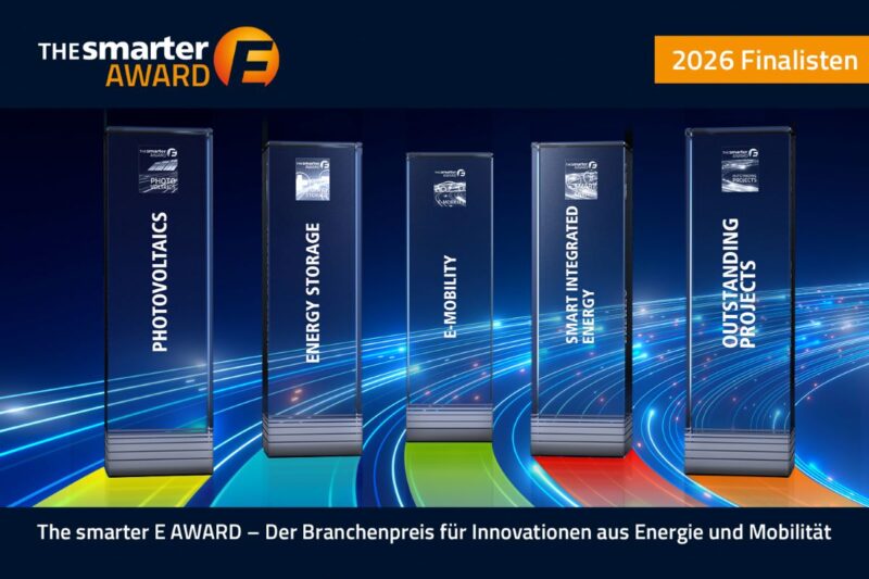 Grafik zeigt die fünf Kategorien zur Verleihung des The Smarter E Awards 2026.