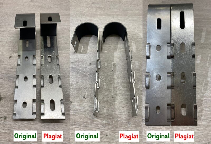 Das Bild zeigt einen Vergleich der Originale des Befestigungsbügels vom Solar-Hook-Befestigungssystem mit den im Umlauf befindlichen Plagiaten.