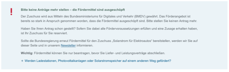 Screenshot von KfW Webseite - Solar-Wallbox-Förderung ist erschöpft