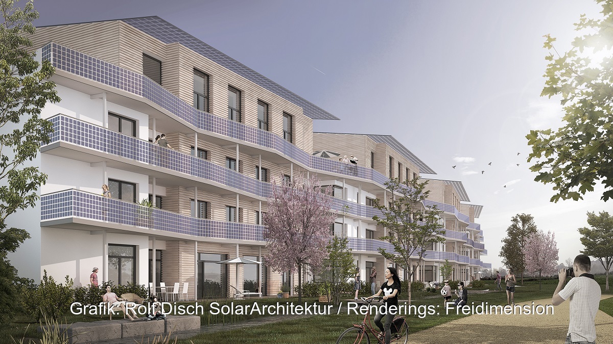 Zu sehen ist die mit Photovoltaik an den Balkonen versehene Fassade der Plusenergie-Klimahäuser von Rolf Disch in der grafischen Animation.