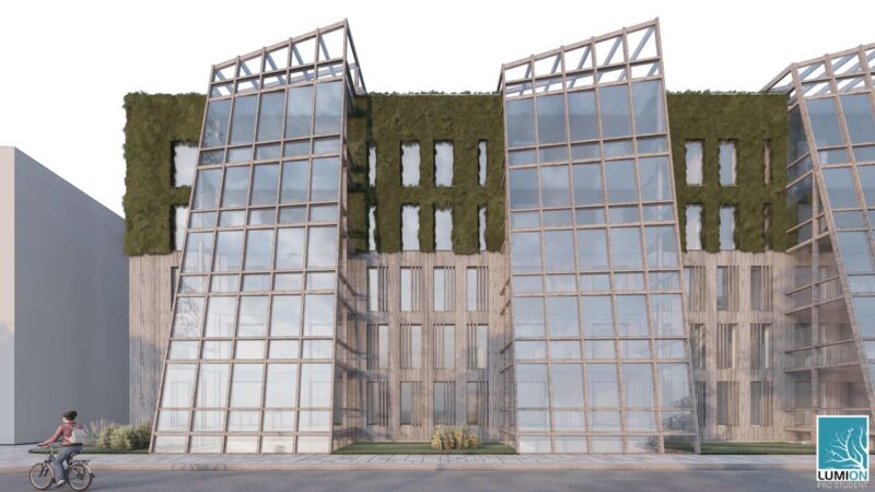 Animation eines aufghestockten Gebäudes mit viel Lichteinfall und Algen.