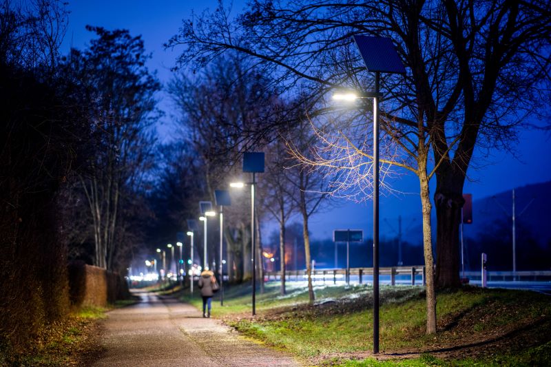 Ein Radweg in der Dämmerung mit Straßenbeleuchtung.