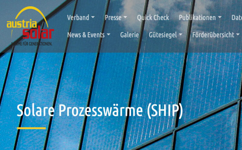 Screenshot von der Internetseite Solare Prozesswärme von Austria Solar