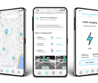 Grafik zeigt drei verschiedene Oberflächen einer App für E-Mobilität auf dem Mobiltelefon-Display.