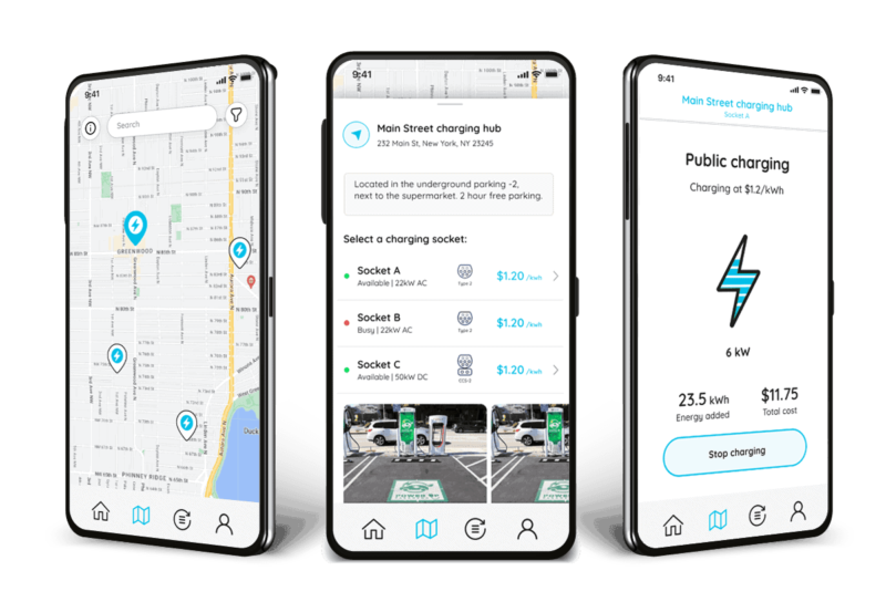 Grafik zeigt drei verschiedene Oberflächen einer App für E-Mobilität auf dem Mobiltelefon-Display.