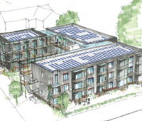 Zeichnung eines Wohnblocks mit Photovoltaikmodulen auf dem Dach.