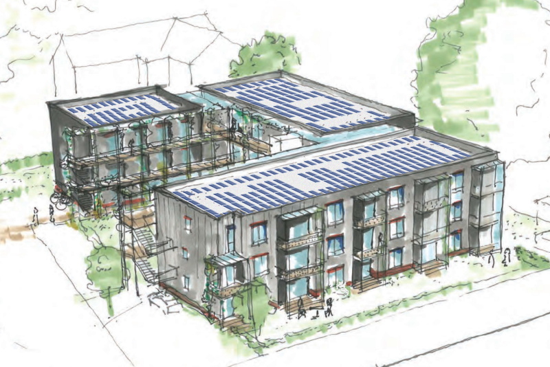 Zeichnung eines Wohnblocks mit Photovoltaikmodulen auf dem Dach.