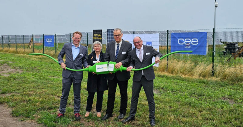 Vier Personen halten gemeinsam einen überdimensionierten grünen Stecker vor einer Freiflächensolaranlage.