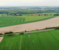 Aus der Luft sind Ackerflächen zu sehen.