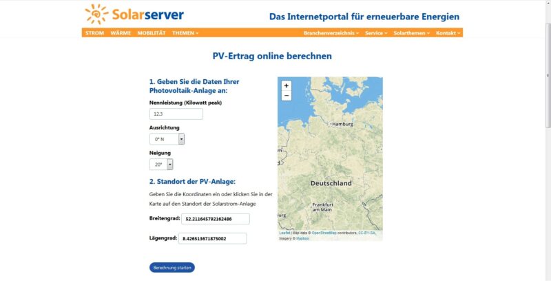 Sreenshot vom Photovoltaik-Ertragsrechner auf dem Solarserver.