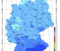 Deutschland-Karte in Blautönen zeigt globale Solarstrahlung im Januar 2023.