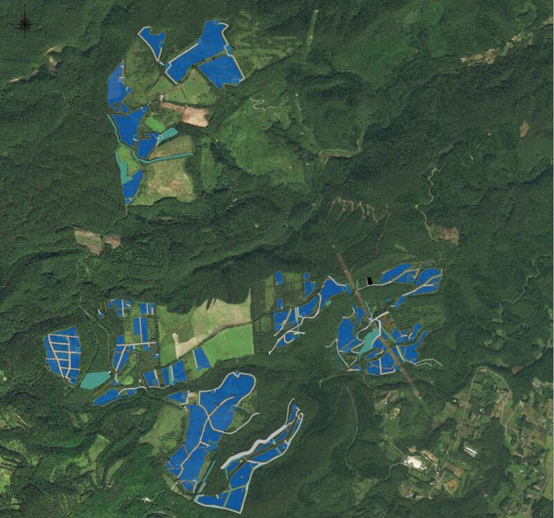 Zu sehen ist eine Animation, die die Verteilung der Photovoltaik-Module in der Hügellandschaft zeigt, die den Solarstrom für Fukushima produzieren sollen.