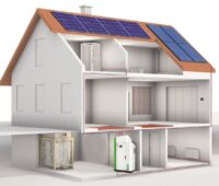 Zu sehen ist eine schematische Hausdarstellung mit Pelletskessel und Sonnenkollektoren.