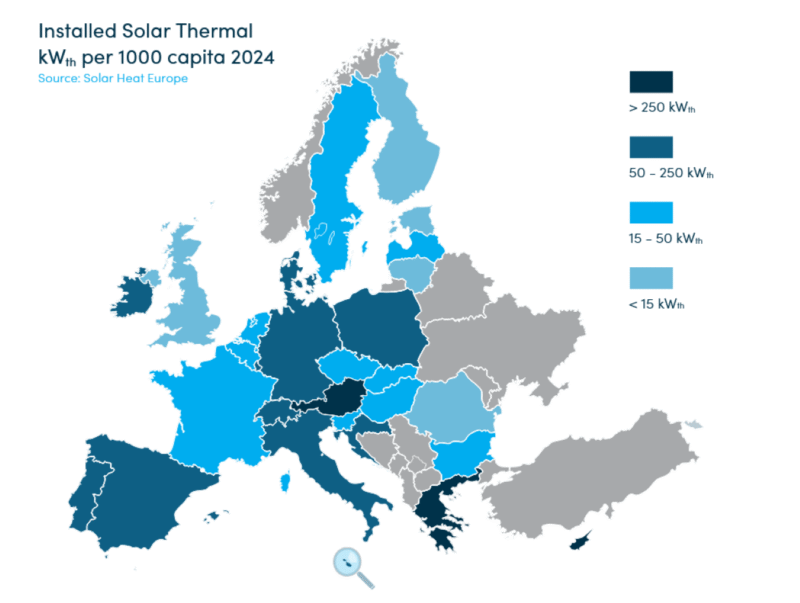 Grafik zeigt Pro-Kopf-Installationen aller einzelner EU-Länder Ende 2024.