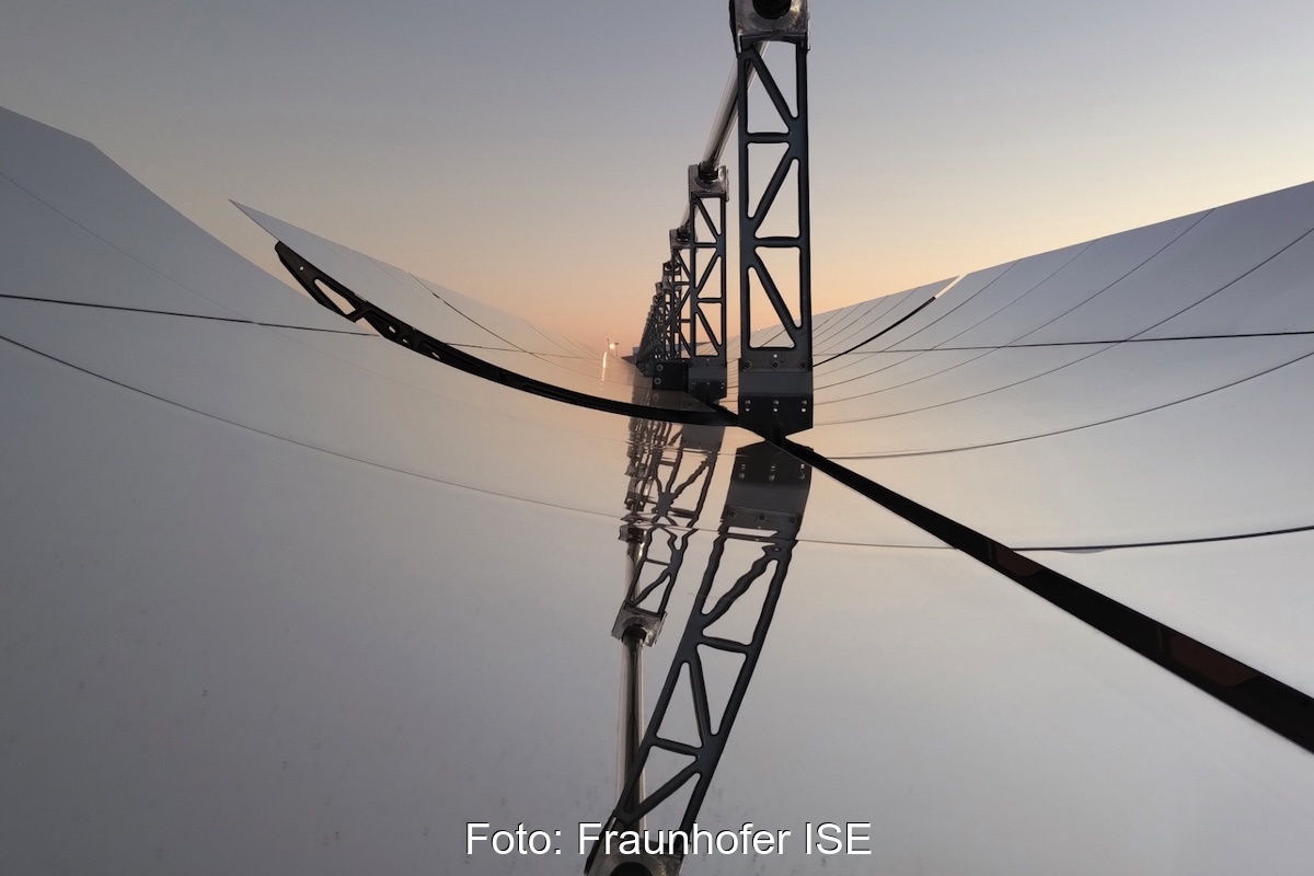 Ansicht auf die Spiegel eines Parabolrinnenkraftwerks mit gebogenen Spiegeln, die das Licht auf ein Rohr im Brennpunkt reflektieren. Zuwachs bei Solarthermie kann auch durch solche Anlagen erfolgen.
