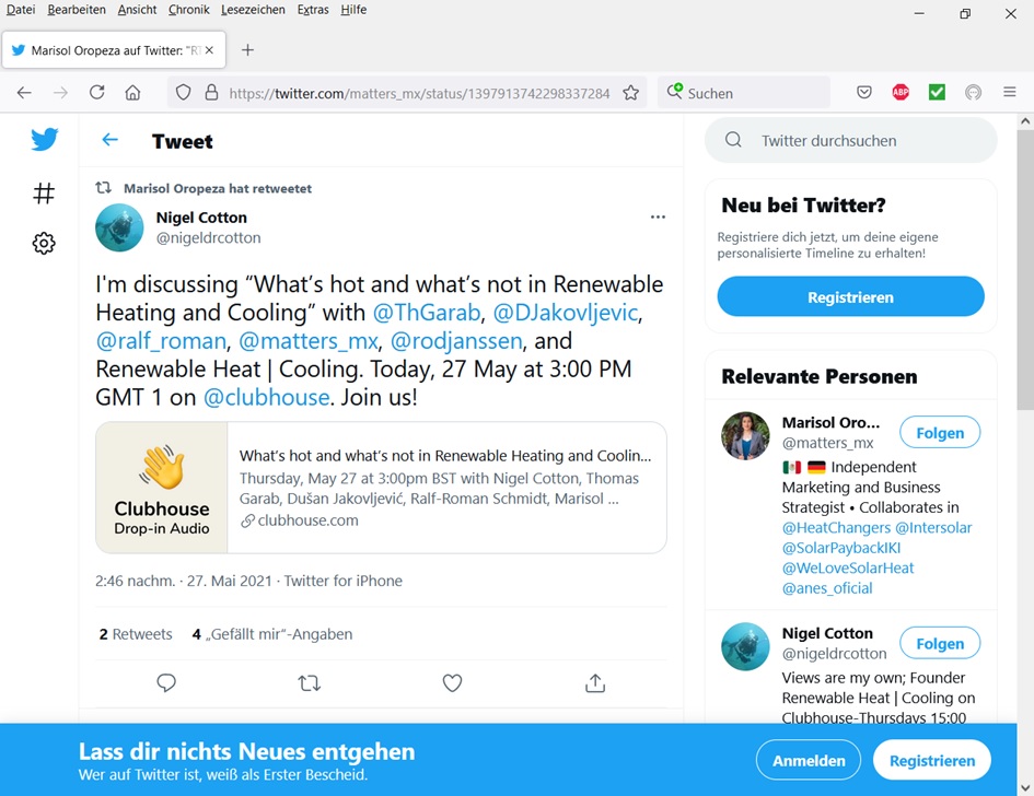 ZU sehen ist der Screenshot eines Tweets zur Solarthermie.