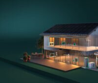 Grafik zeigt ein beleuchtetes Haus vor dunklem Hintergrund, in dem die Komponenten Wärmepumpe, E-Mobilität und Photovoltaik zu erkennen sind.