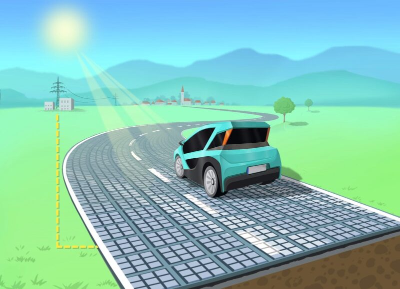 Das Bild zeigt eine mit Solarmodulen belegte Solarstraße mit einem kleinen Elektroauto.