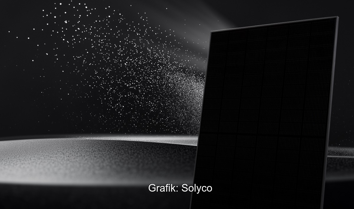 Eine Grafik zeigt ein PV-Modul vor schwarzen Hintergrund, Solyco hat die Photovoltaik-Verbindungstechnologie TECC entwickelt.
