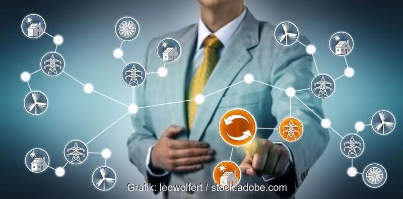 Im Bild ein Mann hinter vernetzten Symbolen