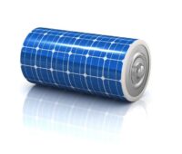Eine Batterie mit Solarzellenoberfläche, als Symbol für den Energiedurchsatz von Photovoltaik-Stromspeichern.