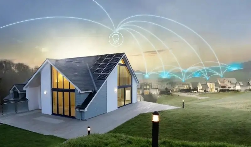 Eine Grafik Häuser, die mit Linien verbunden sind, die Solarstromspeicher-Tauschaktion von Sonnen soll vernetzte Batterien fördern.